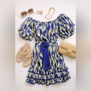 NWT Cinq à Sept Blue Abstract Puff Sleeve Mini Dress – Size 6 – Off Shoulder